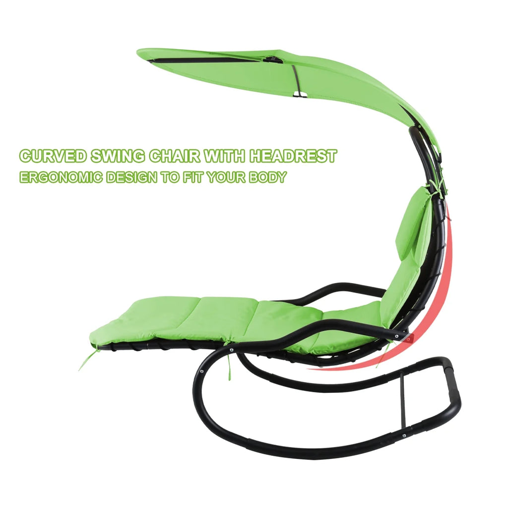 2X Rocking Hanging Lounge Chair - Curved Chaise Rocking Lounge Chair Swing For Backyard Patio w/ Built-in Pillow Removable Canopy with stand {Green}
