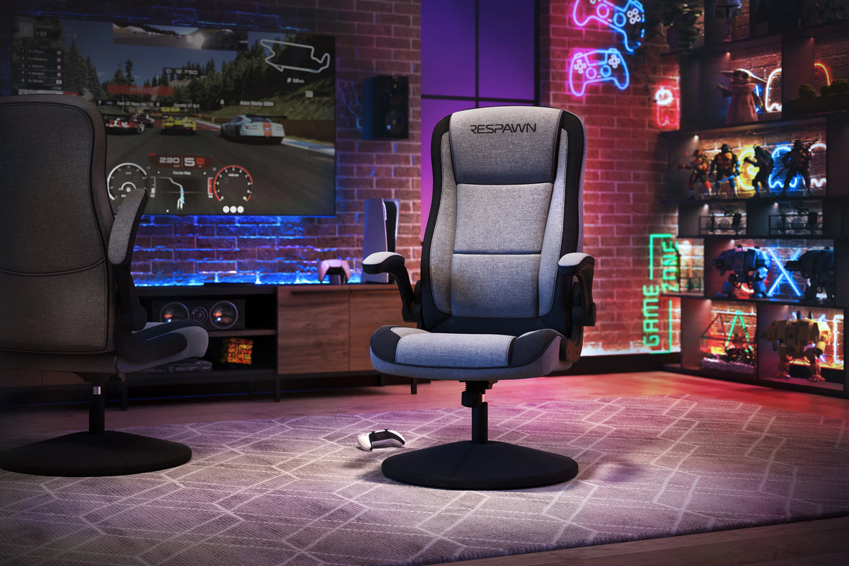 RESPAWN 800 Swivel Rocker Gaming Chair - Ergonomic Floor Gaming Seat with Lumbar Support, Flip Up Armrest, High Back, Pedestal Base, Comfortable No Wheels Console Video Game Rocker Chair - Red