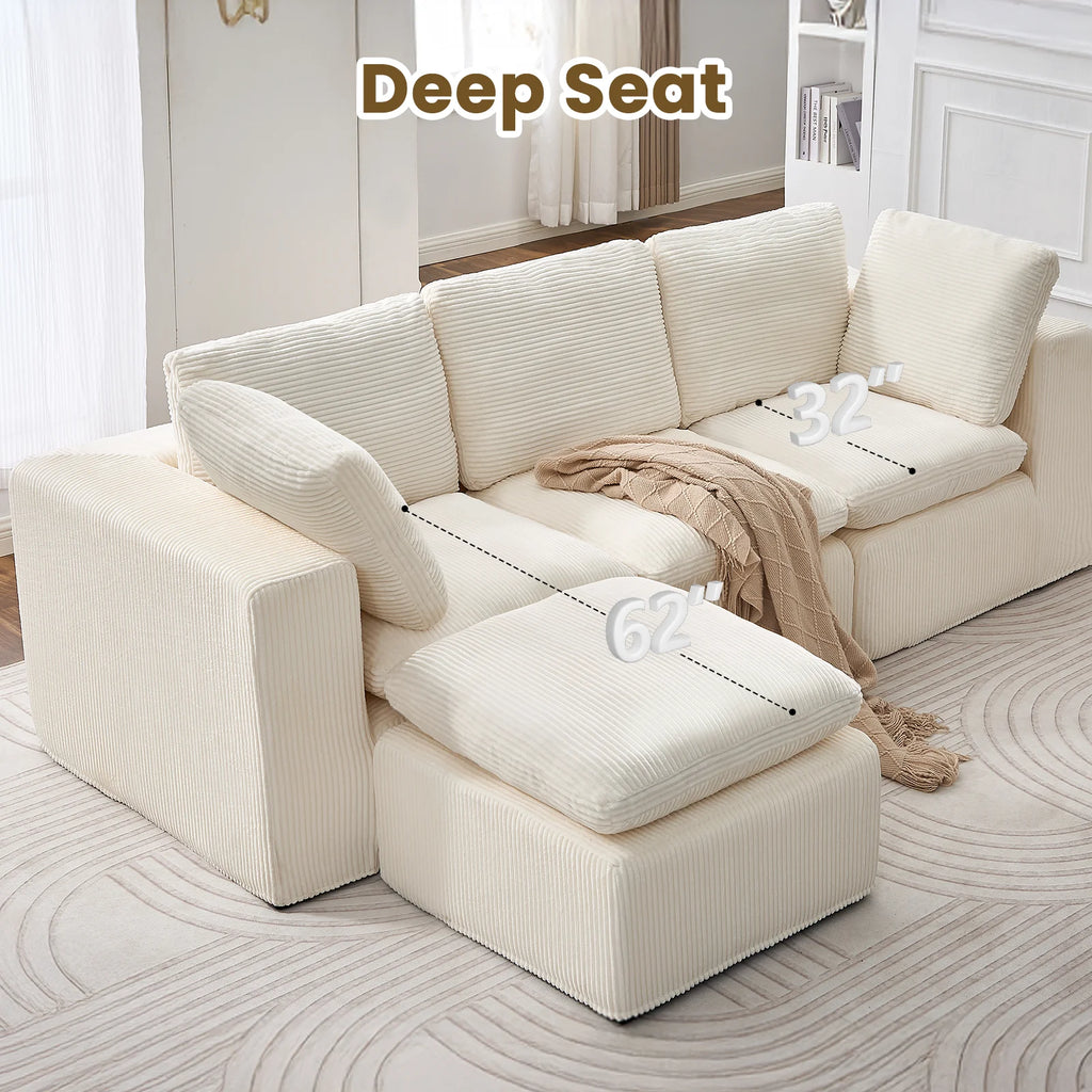 Cloud Sectional Couches for Living Room, Modular L-Shaped Sofa with Ottoman, Corduroy Sleeper Sofa Bed, No Assembly Compression Memory Foam Couch,White