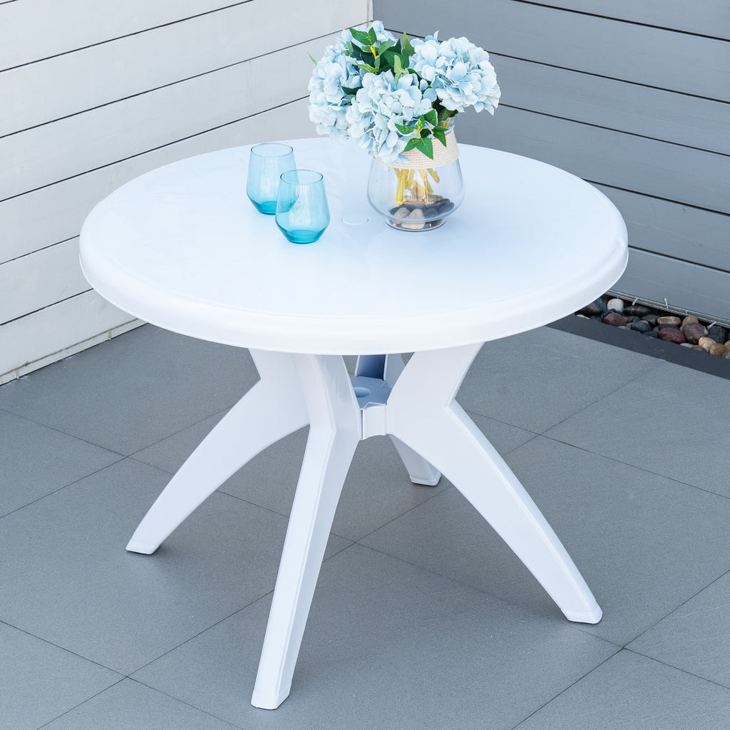 SKTPI Outdoor Plastic Dining Table w/ Umbrella Hole, Outdoor End Table, Patio Coffee Bistro Table for Indoor, Garden, Porch, Balcony, White