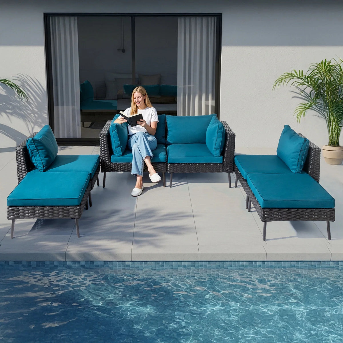 Ktaxon 7-Piece Wicker Patio Furniture Set, Patio Furniture Set with Water Resistant Thick Cushions and Coffee Table, Beige