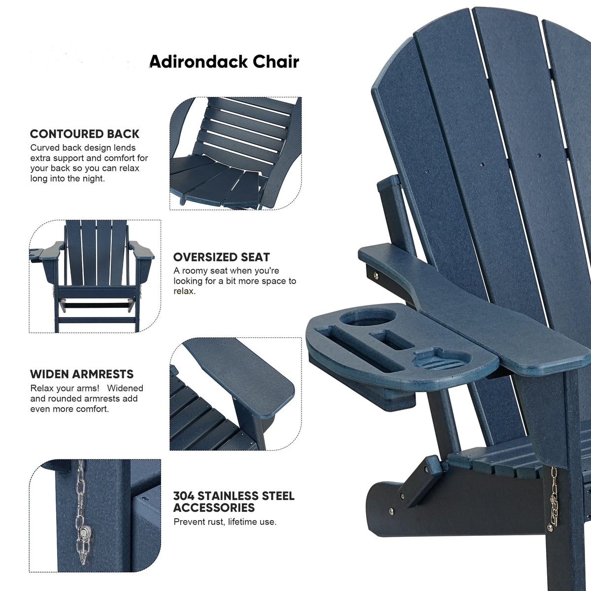 FOOWIN HDPE Plastic Adirondack Chairs Set of 4, Black