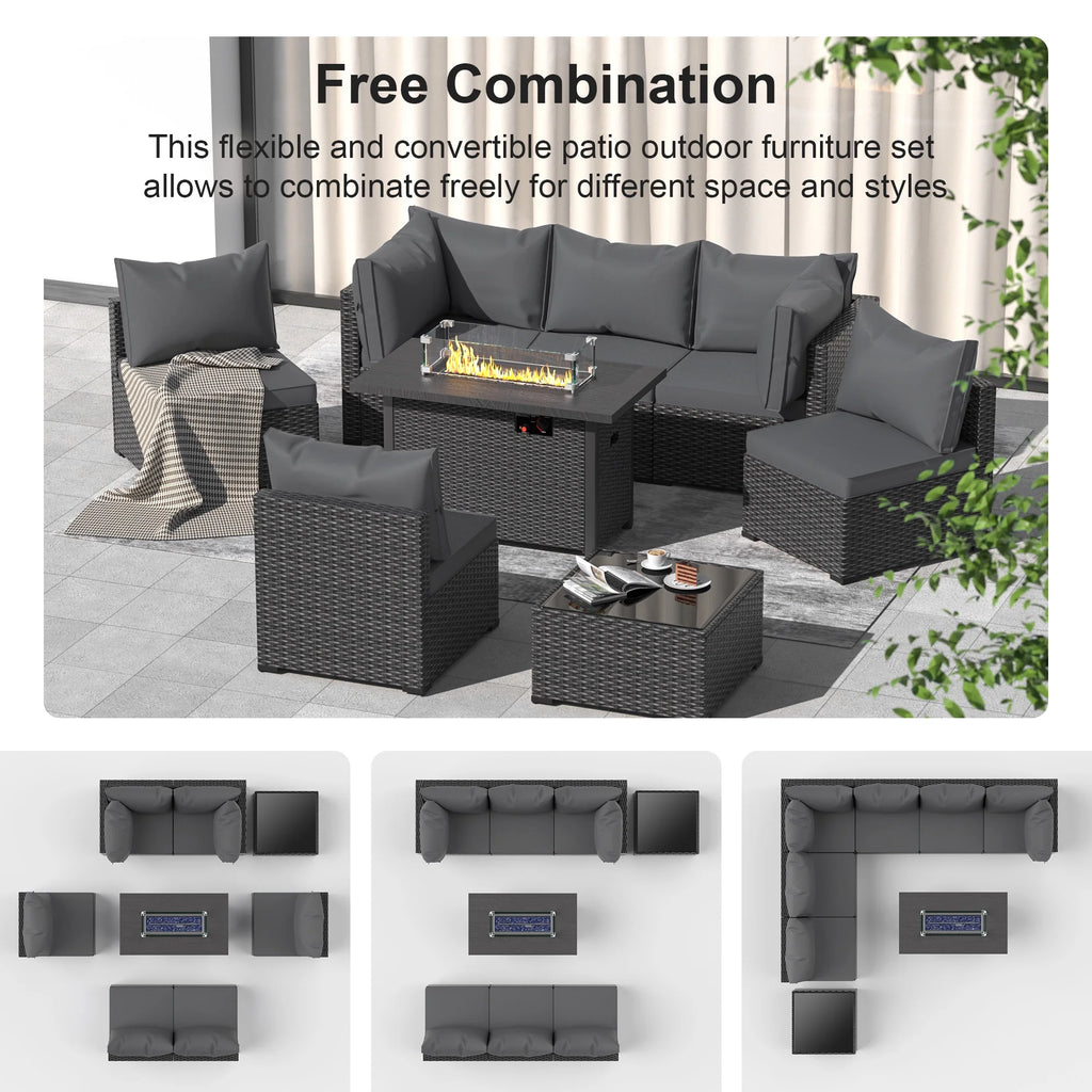 8 Piece Patio Furniture Set with 42" Propane Gas Fire Pit Table with Coffee Table,Blue