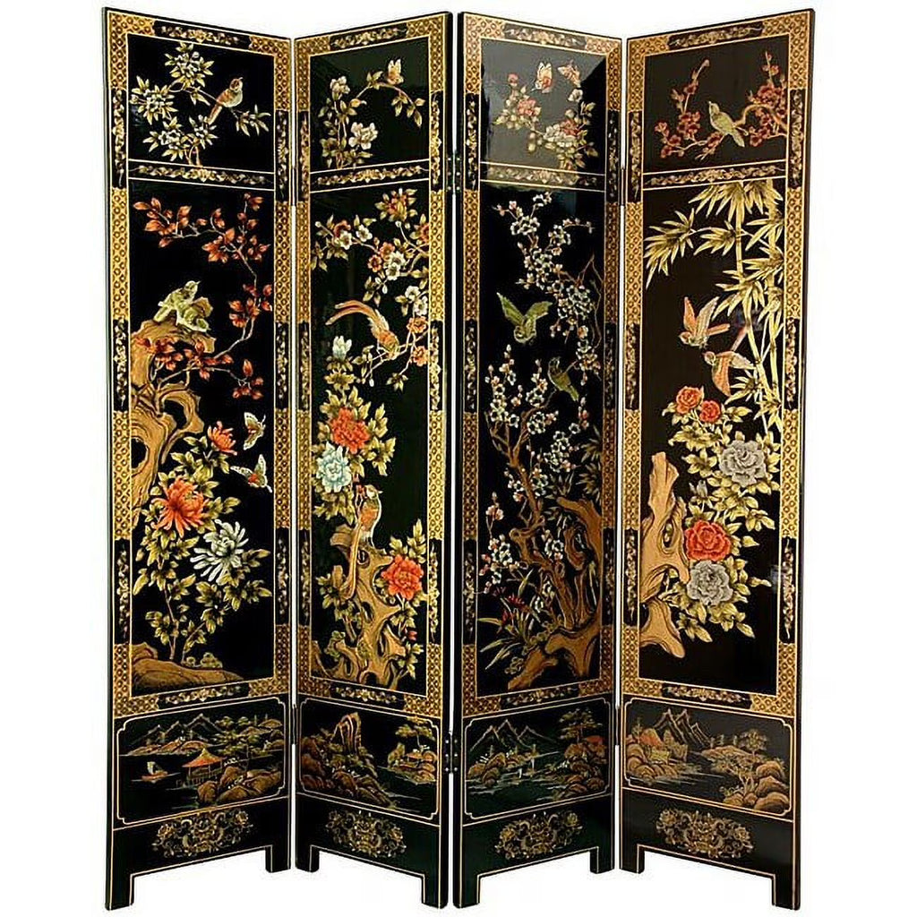 Handmade Wooden 6-foot Four Seasons Flowers Room Divider (China)