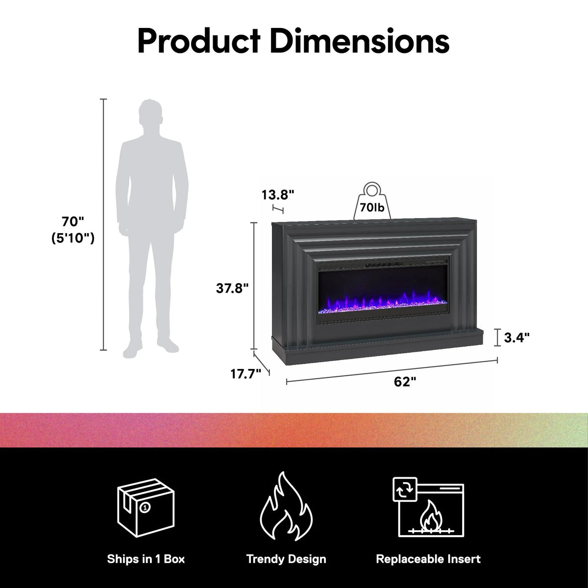 CosmoLiving by Cosmopolitan Rene Electric Fireplace Mantel 65" TV Stand with Multi-Color Flame and Crystal Ember Bed, Black