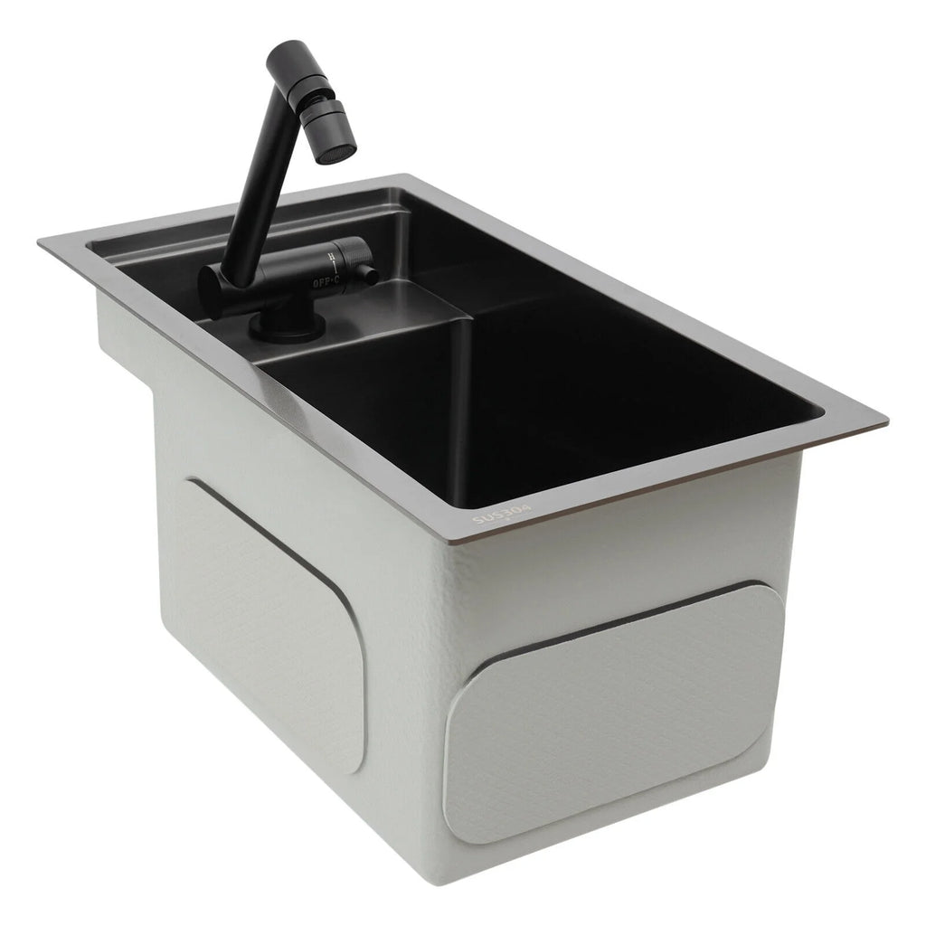 Modern Drop in Bar Sink, Single Bowl Kitchen Sink with Foldable Faucet, Black Nano 304 Stainless Steel Utility Sink for Compact Kitchen Commercial Hotel RV Laundry