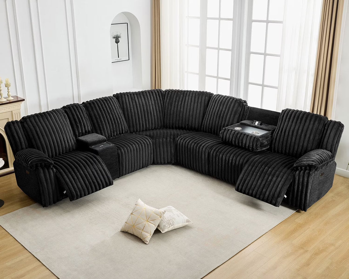 Power Reclining Sectional Sofa with Wireless Charger,6-Seater Faux Fur Sectional with Recliners,Hidden Cup Holders,Storage Console,USB & Type-C Ports,Black