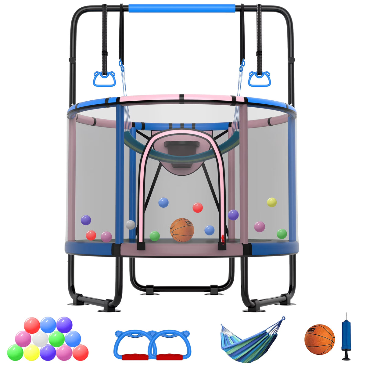 CITYLE Trampoline for Kids 600LBS 60'' 5FT Toddler Trampoline Indoor Outdoor with Basketball Hoop, Swing, Adjustable Bar, Mini Small Trampoline with Enclosure, Gifts for Toddlers, Boys & Girls