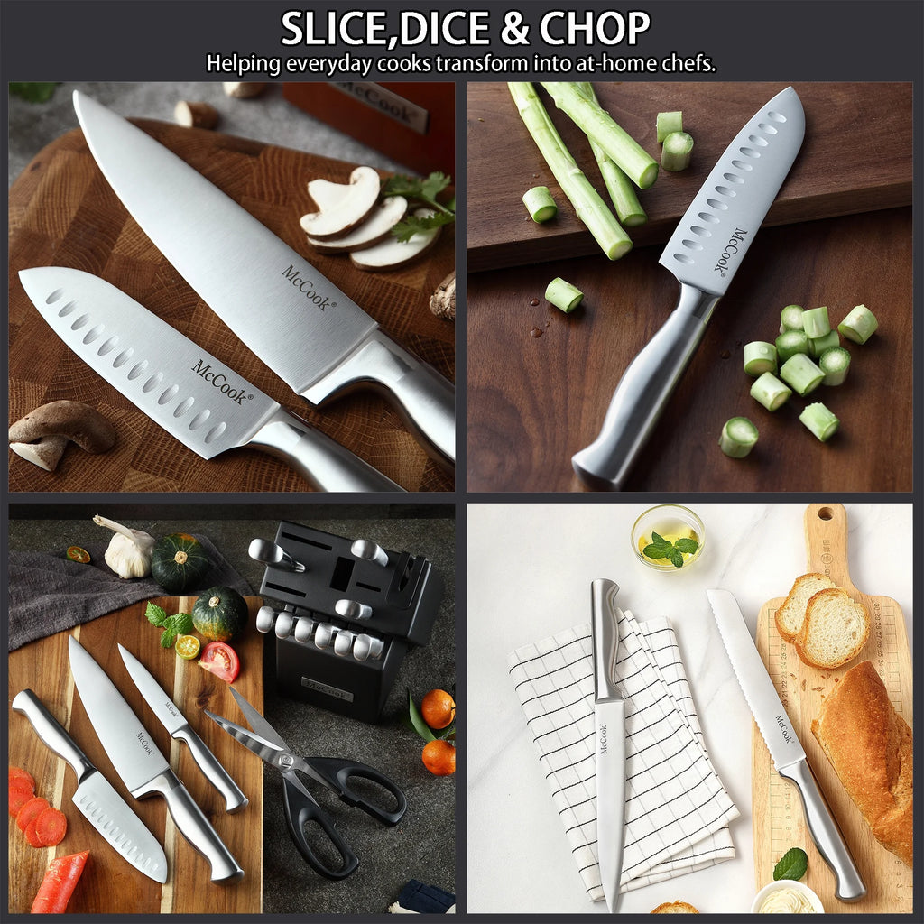 McCook MC29 Knife Sets, 15 Pieces German Stainless Steel Kitchen Knife Block Sets with Built-in Sharpener