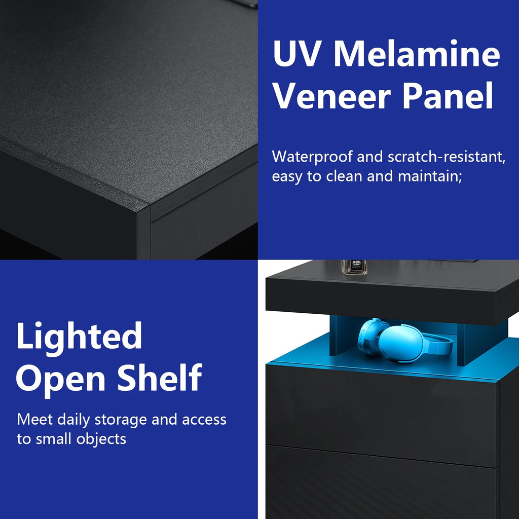 Hommpa LED Nightstand with Wireless Charging Station Modern Nightstand Type C USB Port 2 Drawers Bedside Table Black Smart Night Table High Gloss End Side Table for Bedroom Furniture 22.3" Tall