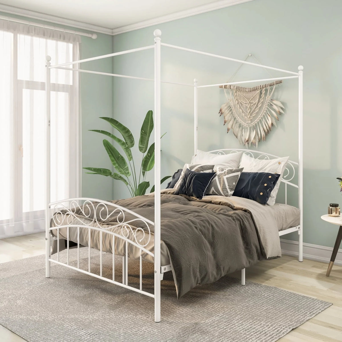 Canopy Bed Frame Full with Headboard and Footboard, White Canopy Bed with Center Support Legs, 4 Poster Bed Frame Platform Bed Frame, Easy to Assemble