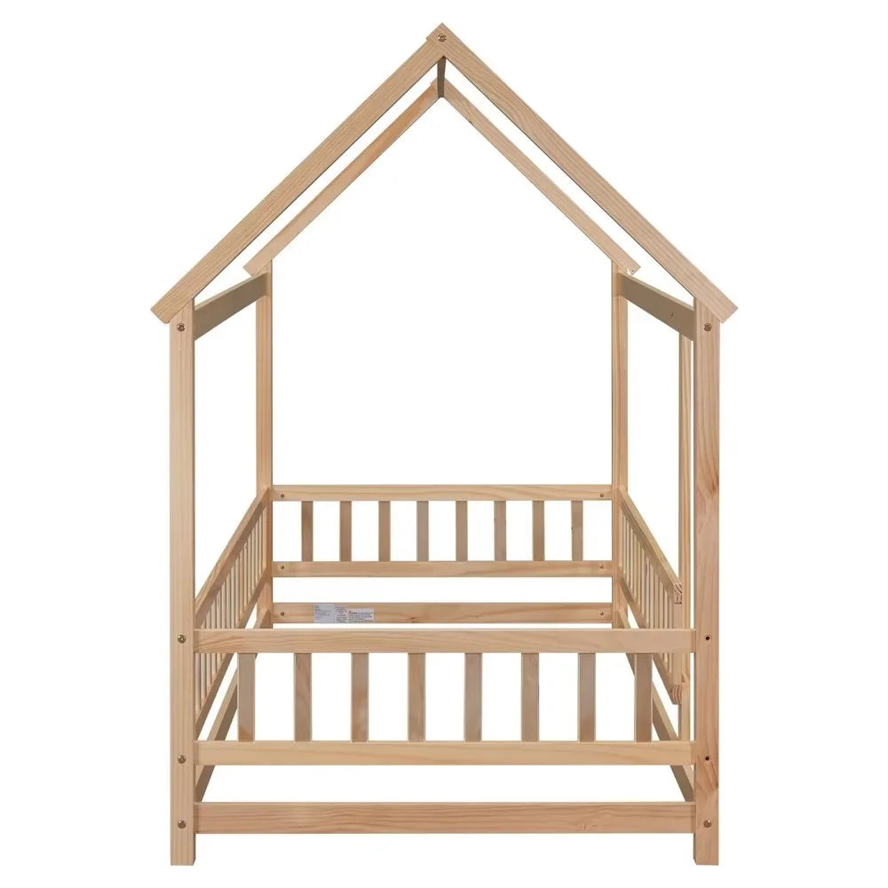 Twin Size House Bed for Boys and Girl, Wooden Canopy Bed Tent Bed, Playhouse Design Bed Frame with Full-lenth Guardrail, Bedroom Furniture, 79.5��L x 44.8��W x 66.2��H, White