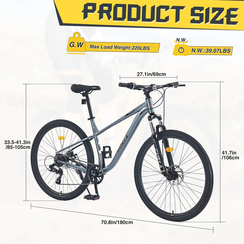 29" Mountain Bike 8 Speed Steel Frame City Bicycle with Front Suspension for Men Women, Gray