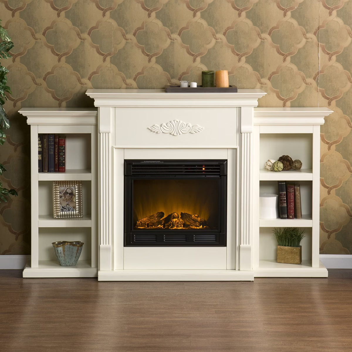 Southern Enterprises SEI Furniture Fredricksburg Wood Electric Fireplace with Bookcases in Brown