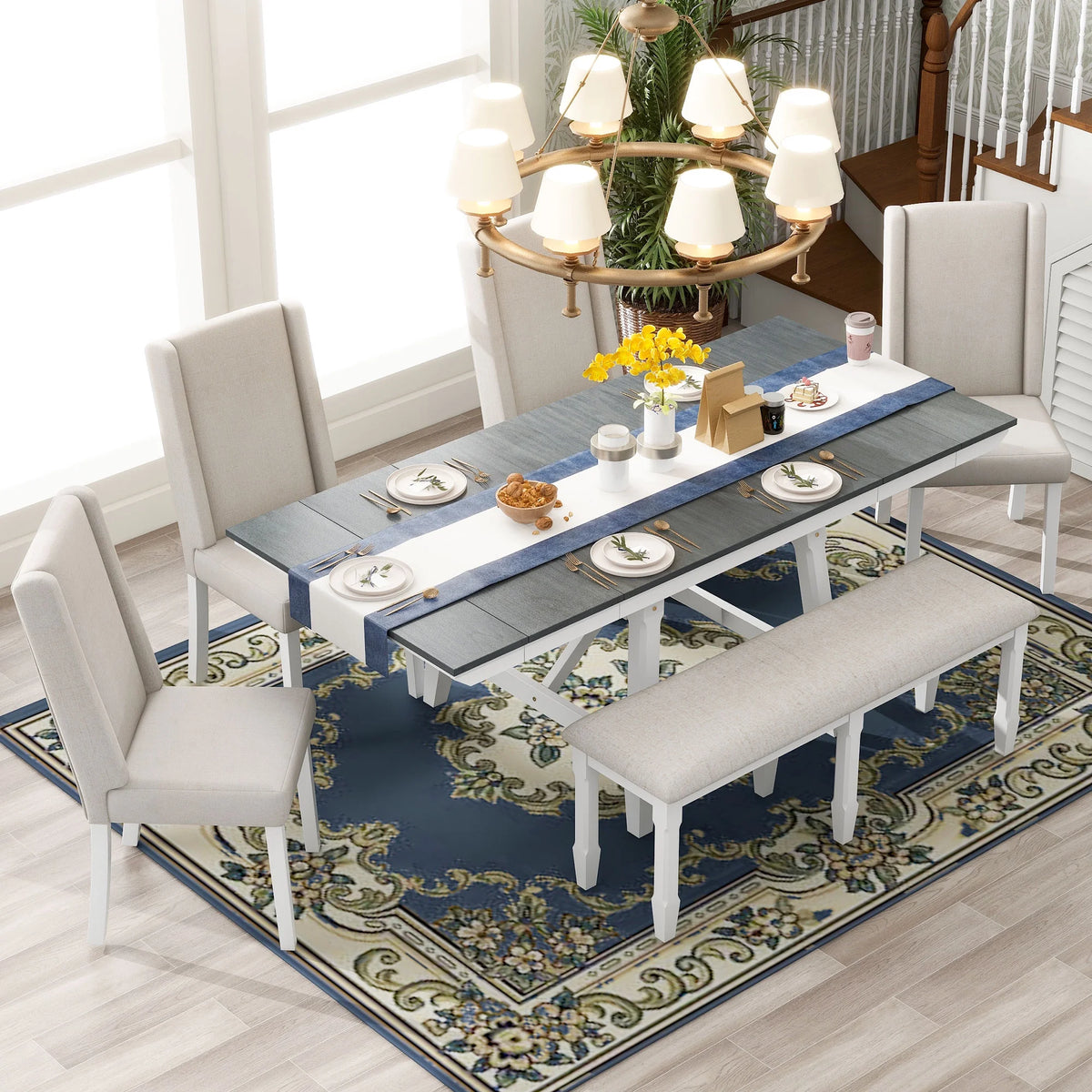 6 Piece Extendable Dining Table Set, Atumon Wood Dining Room Set for 6, Dining Table Set with 4 Beige Cushioned Chairs and Bench, Farmhouse Dining Table Set Furniture for Kitchen Dining Room, Natural