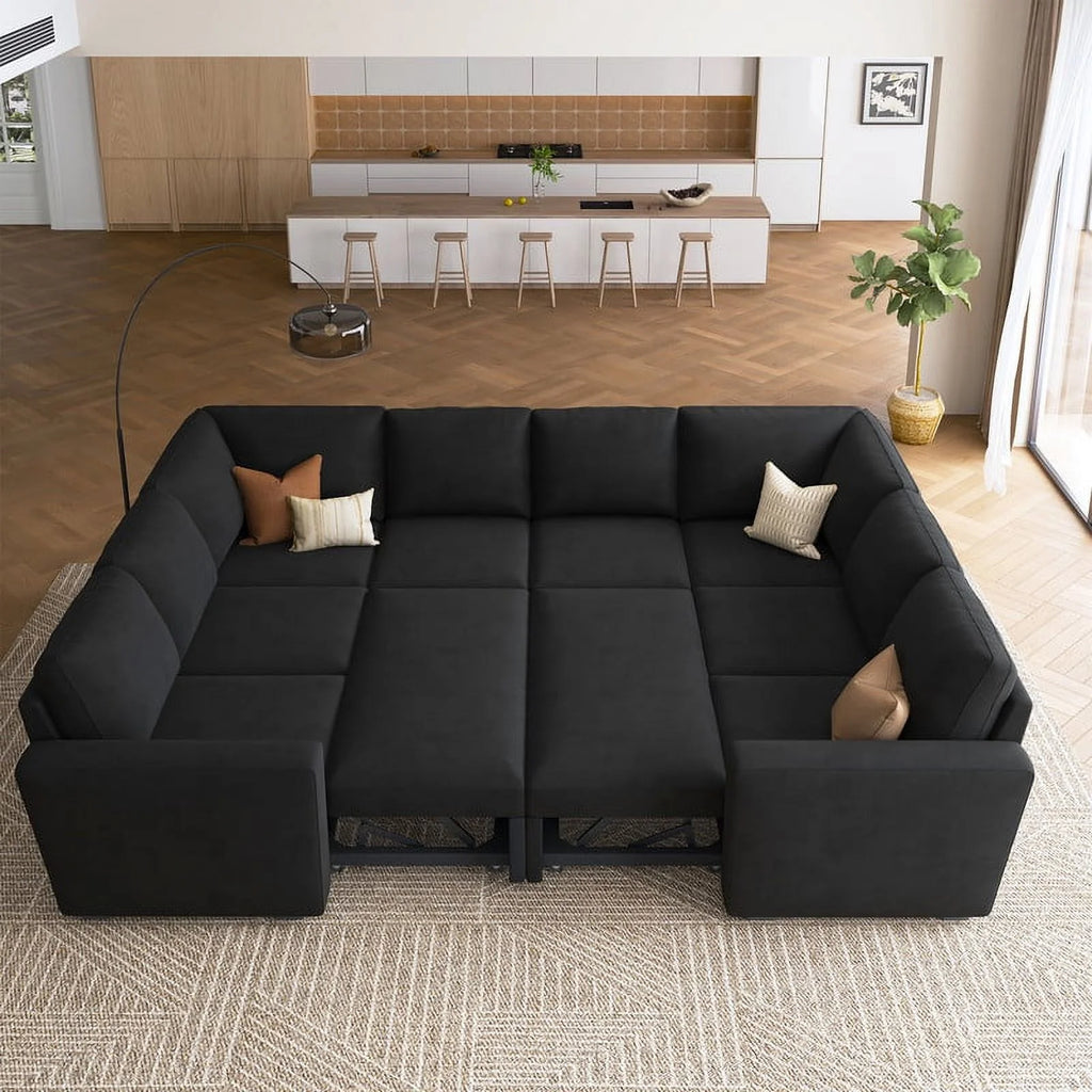 Honbay Convertible Velvet Sofa Bed with Pull-Out Couch Bed and Storage, Black