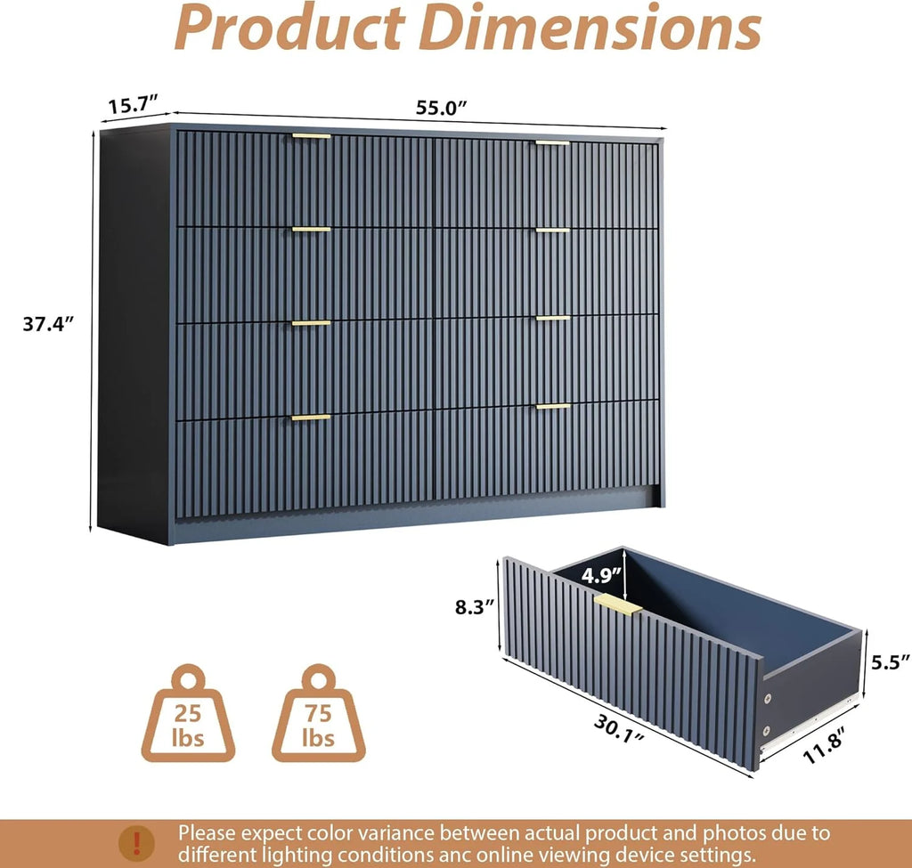 Furniway Black Dresser for Bedroom, 8 Drawer Double Dresser, Modern Chest of Drawers for Bedroom, Living Room, Entryway and Closet, 55" L x 15.7" D x 37.4" H