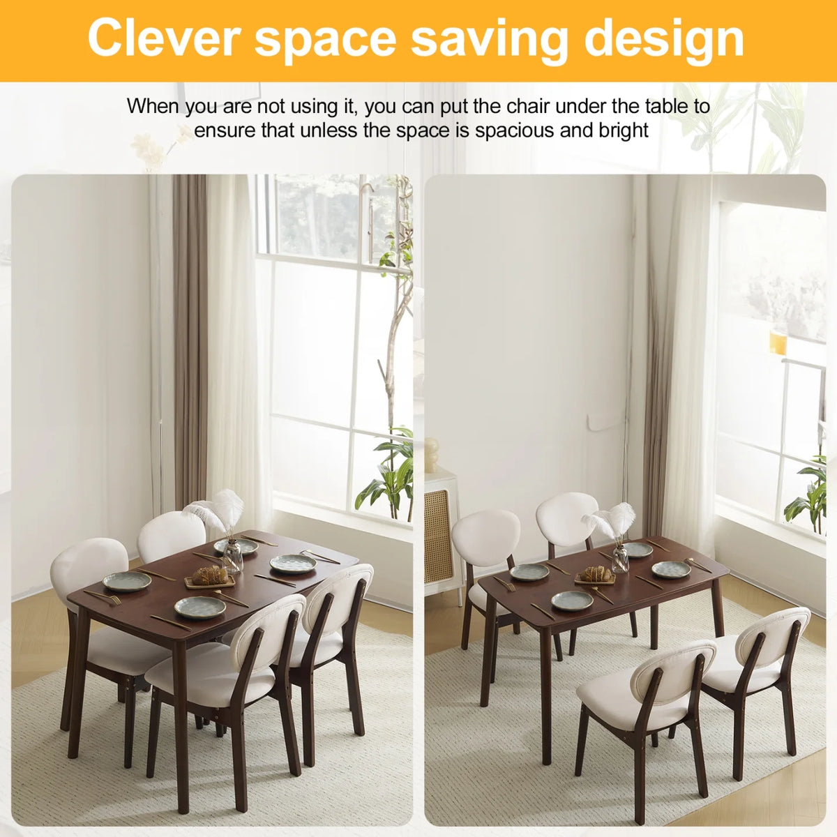 5-Piece Wooden Kitchen Table and Chair Set, Dinette Sets with 1 Rectangular Table and 4 Upholstered Chairs, Space-Saving Dining Table Set for 4, Natural