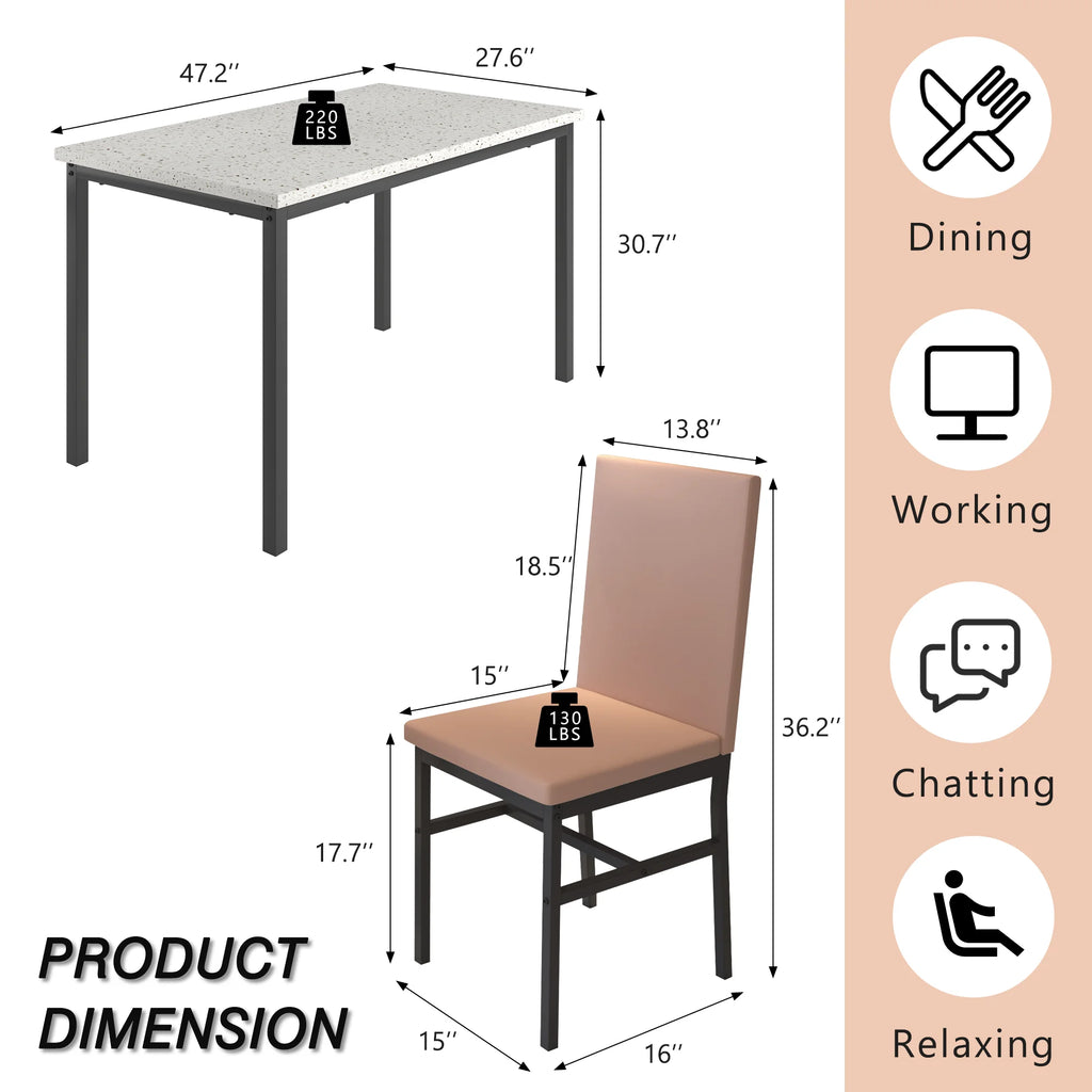 5 Piece Dining Set, Modern Dining Table and Chairs Set for 4, Counter Height Bar Table Set, Modern Pub Table with 4 Velvet Fabric Cushioned Stools, Faux Marble Dining Table & Stools Set, D9297