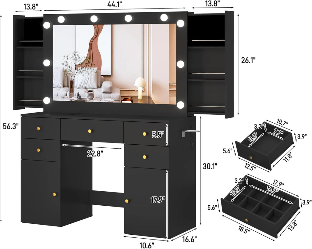 White Vanity Desk with Large Lighted Mirror & Power Outlet, Makeup Vanity Table with Glass Top & Drawers, Sliding Storage, 44.1" Large Makeup Vanity Table for Women Girls, White