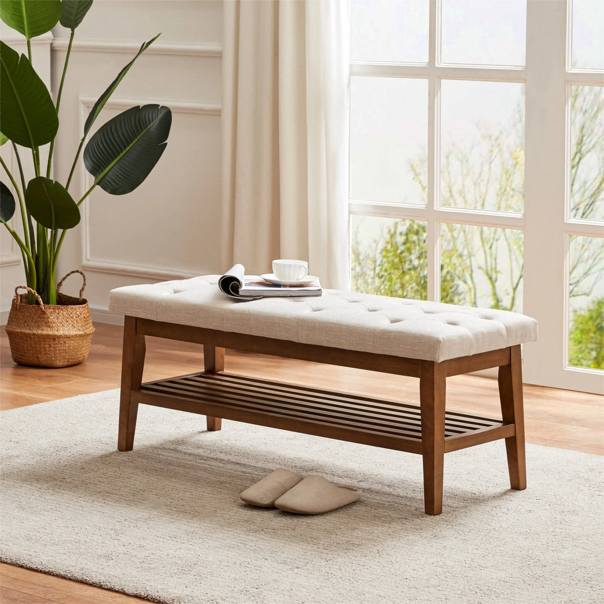 HUIMO Button-Tufted Bench for End of Bed, Entryway Bench with Upholstered Linen Fabric, Ottoman Bench for Living Room,Dining Bench for Kitchen(Beige)
