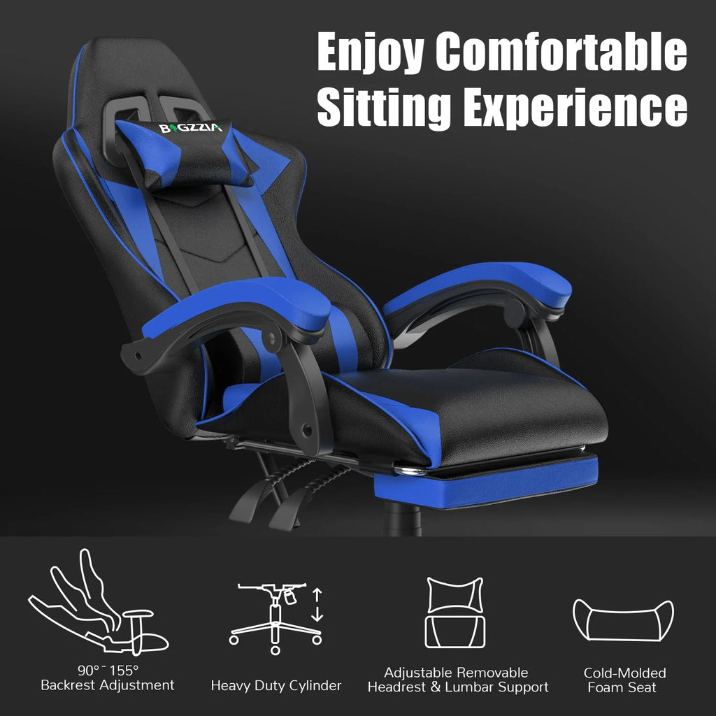 Bigzzia Gaming Chair Office Chair, Ergonomic Game Chair with Height Adjustable Headrest and Lumbar Support for Adults Teens, Black & White