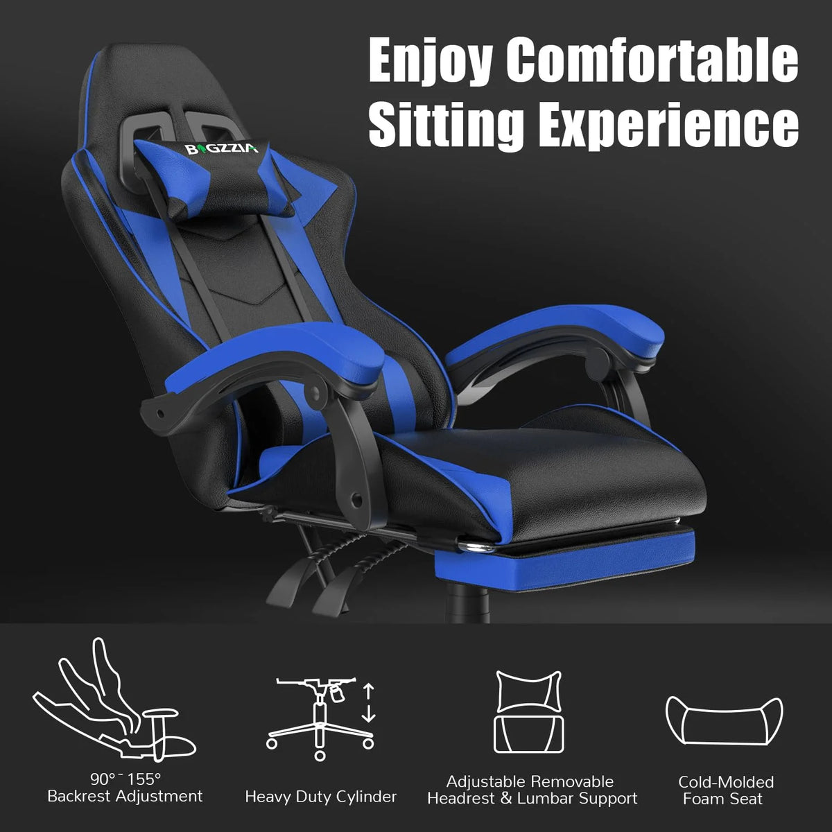 Bigzzia Gaming Chair Office Chair, Ergonomic Game Chair with Height Adjustable Headrest and Lumbar Support for Adults Teens, Black & White