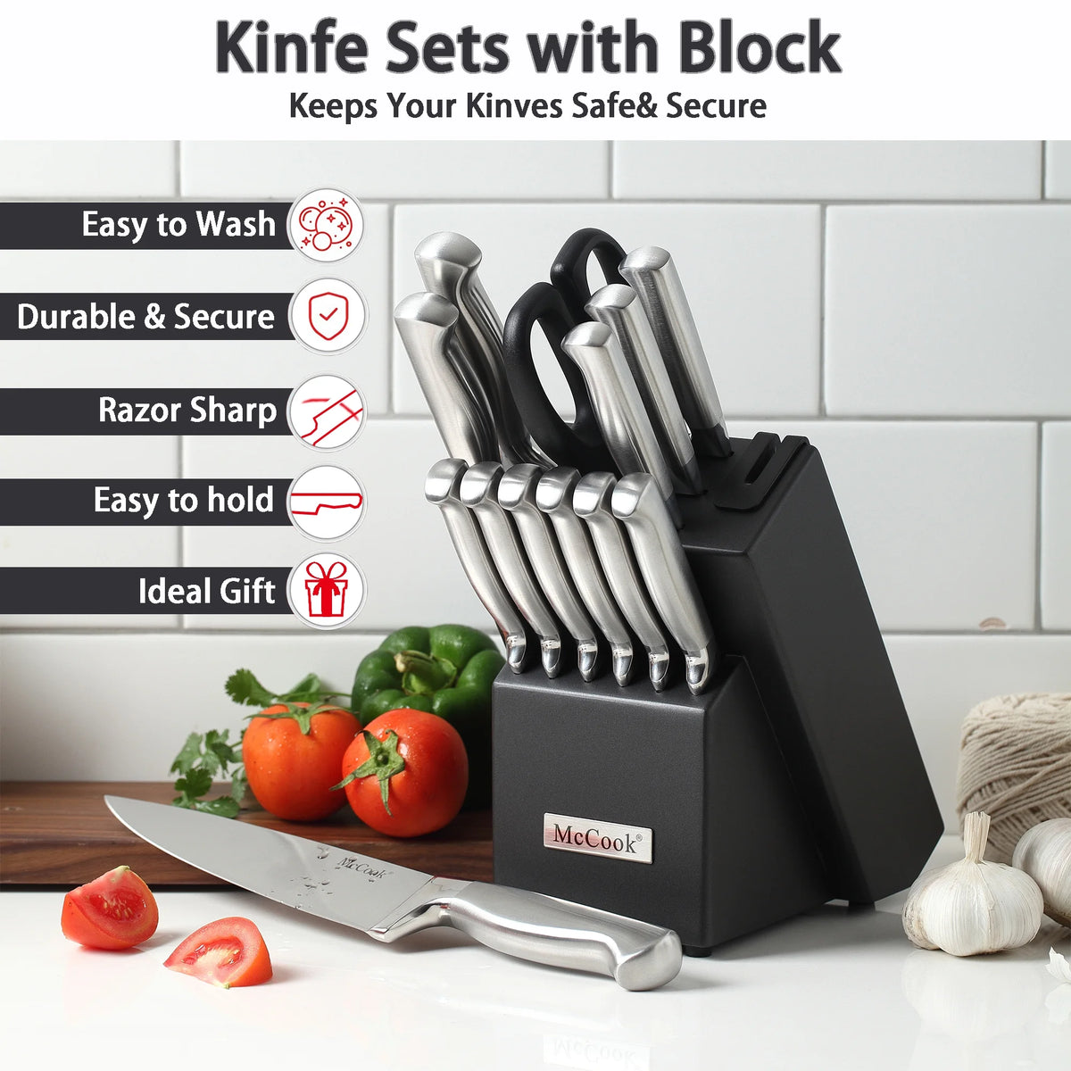 McCook MC29 Knife Sets, 15 Pieces German Stainless Steel Kitchen Knife Block Sets with Built-in Sharpener