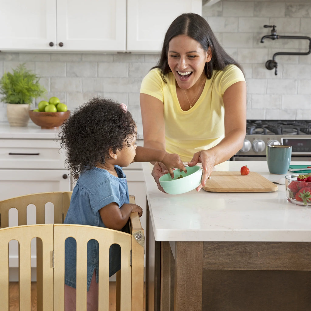 Guidecraft Contemporary Kitchen Helper Step Stool - White: Adjustable, Folding Montessori Toddler Tower - Safety Learning Furniture