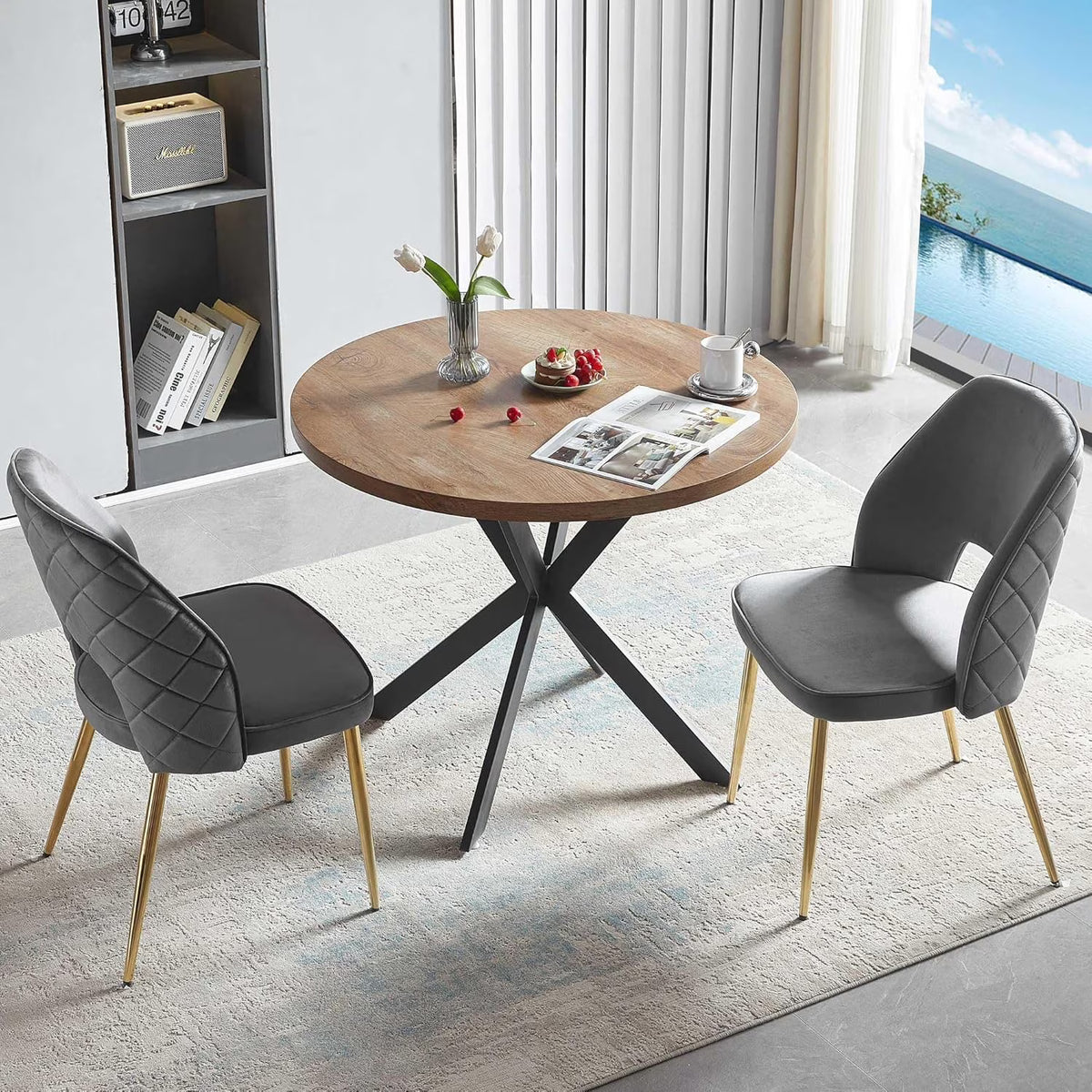 NORDICANA 5-Pieces 37-Inch Dining Table Set for 4 - Space Saving Round Table and Chairs with 4 Seaters Velvet Upholstered Chairs
