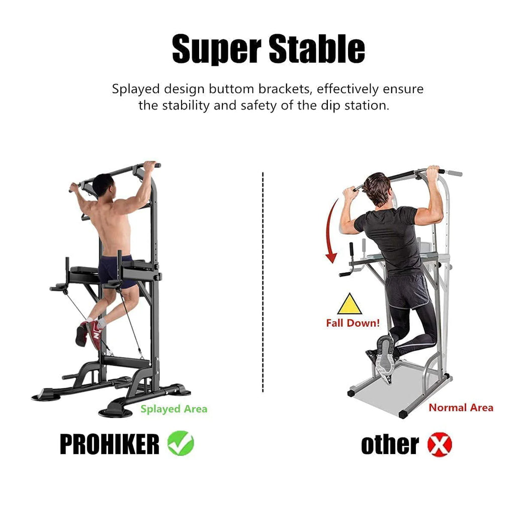 PROHIKER Power Tower Dip Station, Pull Up Bar Stand Power Rack with Backrest and Resistance Band, Height Adjustable Strength Training Equipment for Fitness Home Workout, Black