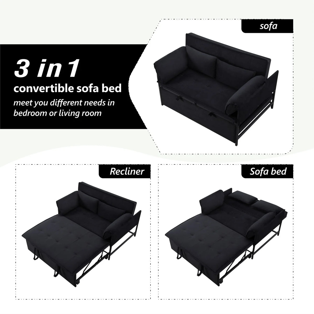 Gewnee 46" Velvet Sleeper Sofa Reclining Convertible Futon Couch Bed for Living Room, Guest & Small Spaces(Black)