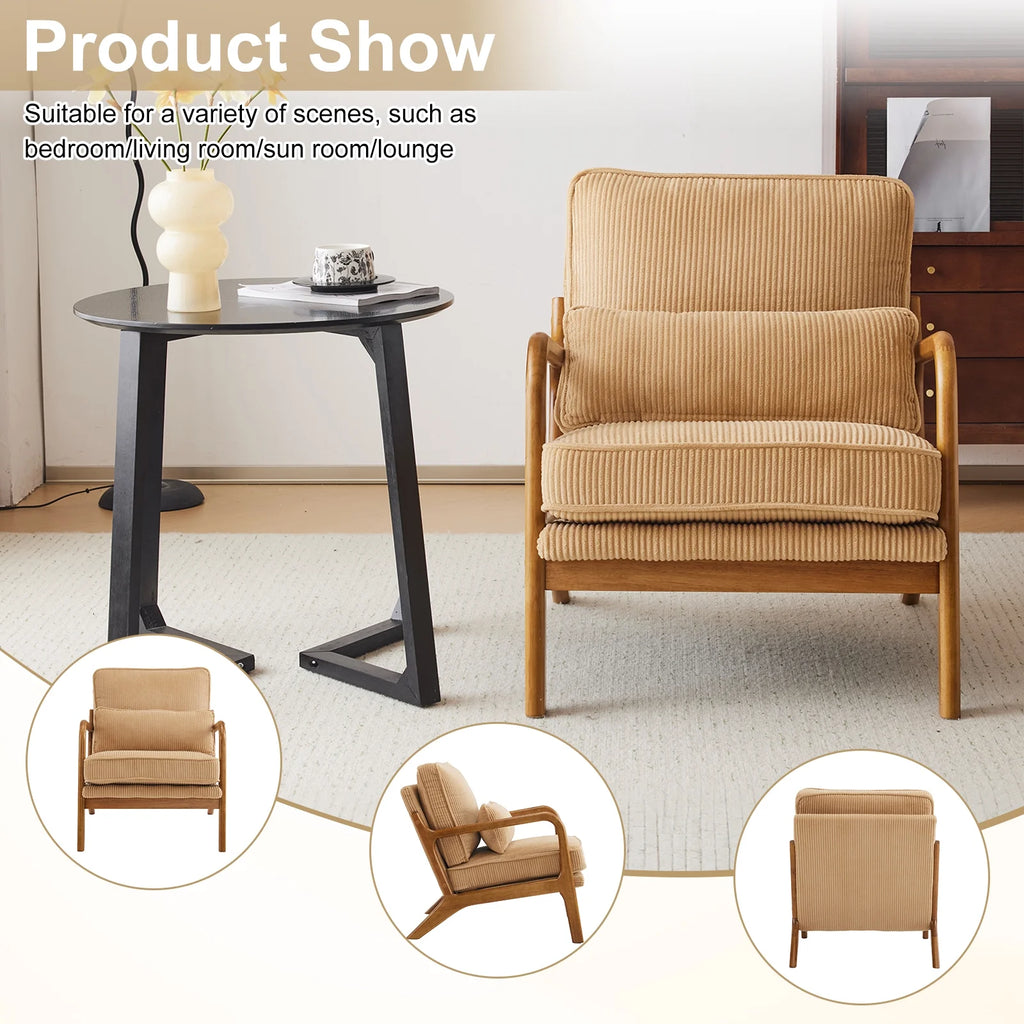 Ktaxon Accent Chair Corduroy Upholstered Armchair, Reading Club Chair with Pillow and Solid Wood Frame for Living Room Bedroom Furniture Off White