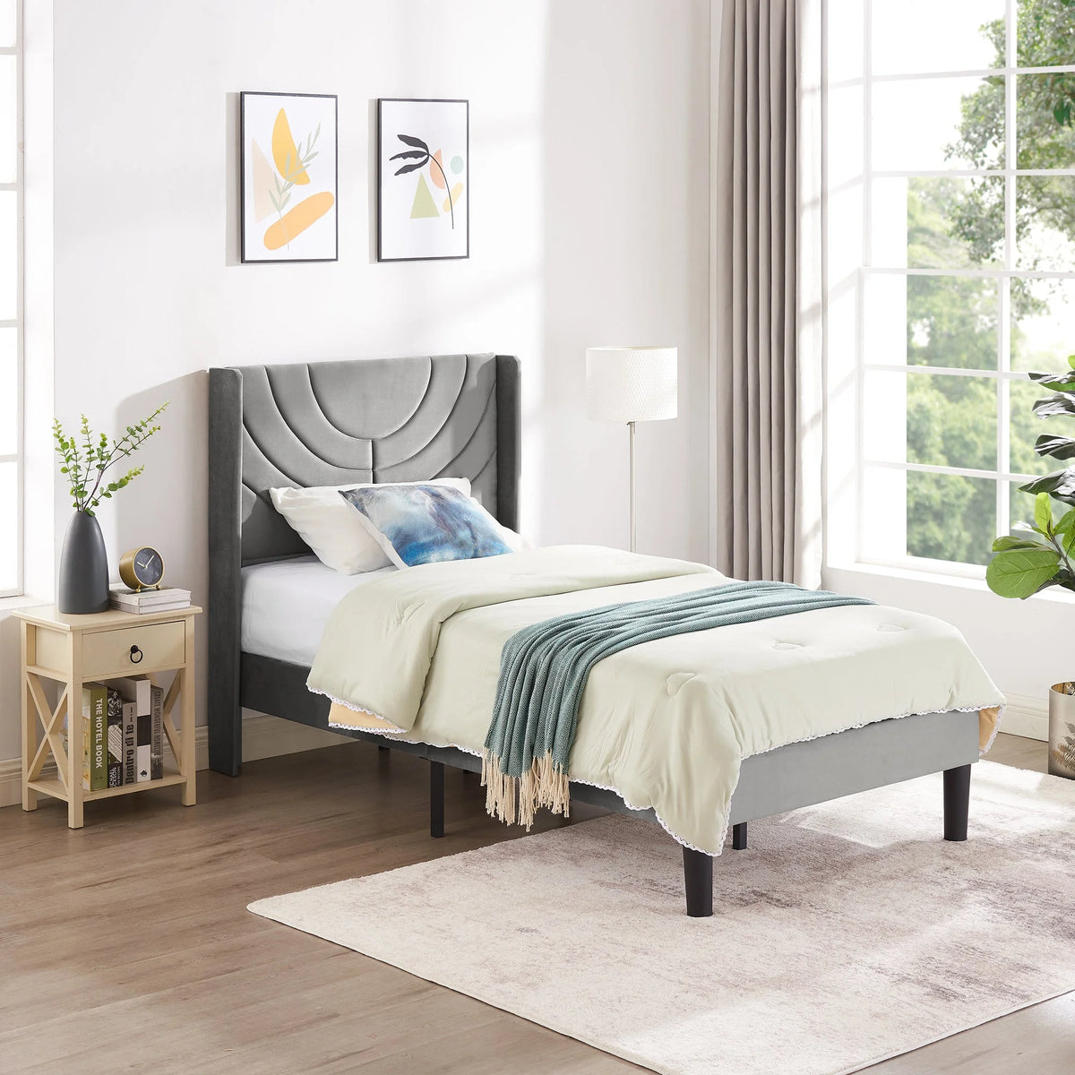 VECELO Set of 2 Twin Bed Frames, Modern Upholstered Platform Bed Frame with Tufted Headboard, No Box Spring Needed, Dark Green