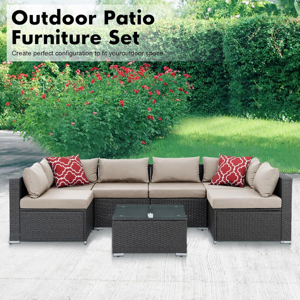 7 Piece Patio Furniture Sets Outdoor Sectional PE Rattan Outdoor Furniture Patio Conversation Set with Cushions and Glass Coffee Table, for Balcony Lawn and Garden, Gray