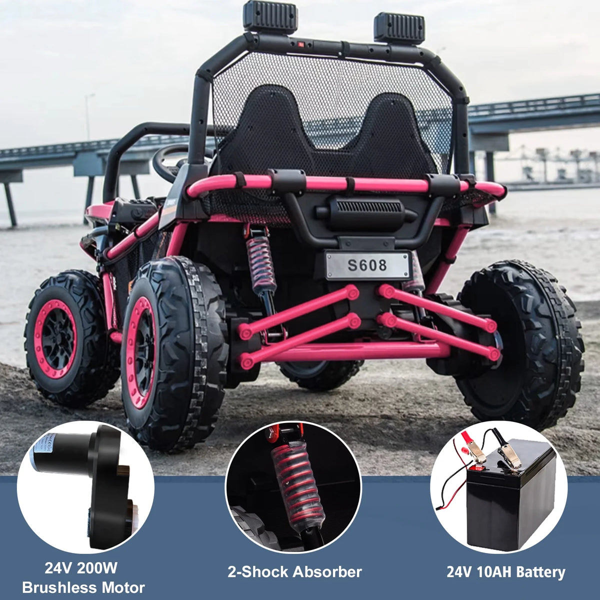 OTTORD 24 V Ride on Car UTV 2 Seater, 2x200W Electric Car Truck with Metal Frame, Brake&Gas Pedal, EVA Tires,3 Speed (Purple Pink)