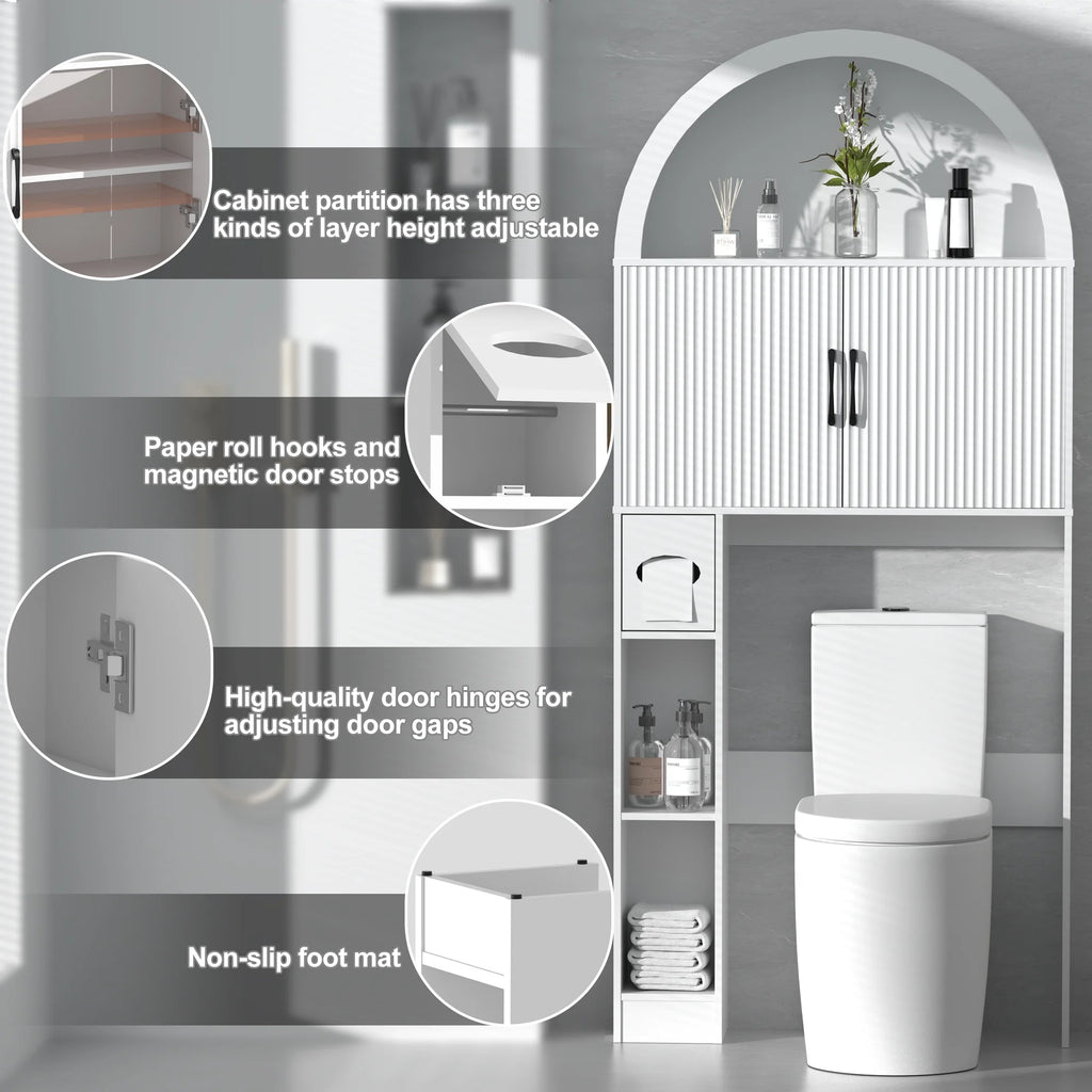 HARIPUL Over The Toilet Storage Cabinet w/ Unique Wood Grain & Arc Design, Freestanding Bathroom Shelf Organizer Space Saver w/ Doors & Anti-Tip Device, Wood Color