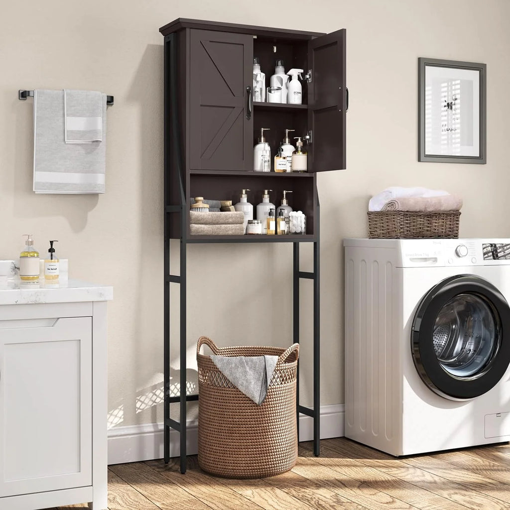 Over The Toilet Storage Cabinet, Over Toilet Bathroom Organizer, Above Toilet Storage Cabinet with Barn Doors Behind Toilet Bathroom Organizer Over-The-Toilet Cabinet (Cream White)