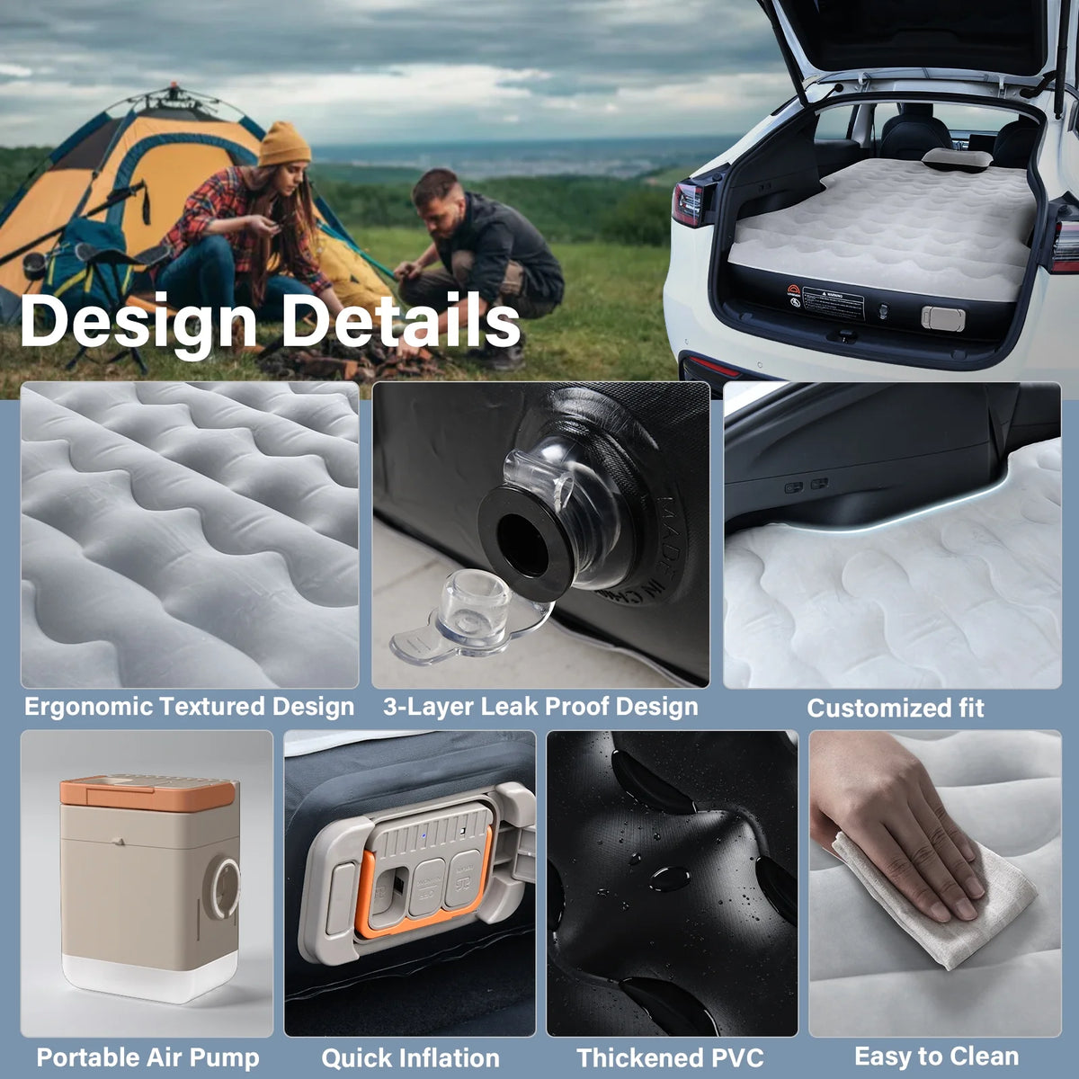 Coverado Car Air Mattress Custom Tesla Model Y 2021-2024, Inflatable Outdoor Camping Air Bed with Car Air Pump, Gray Thickened Flocking Air Bed