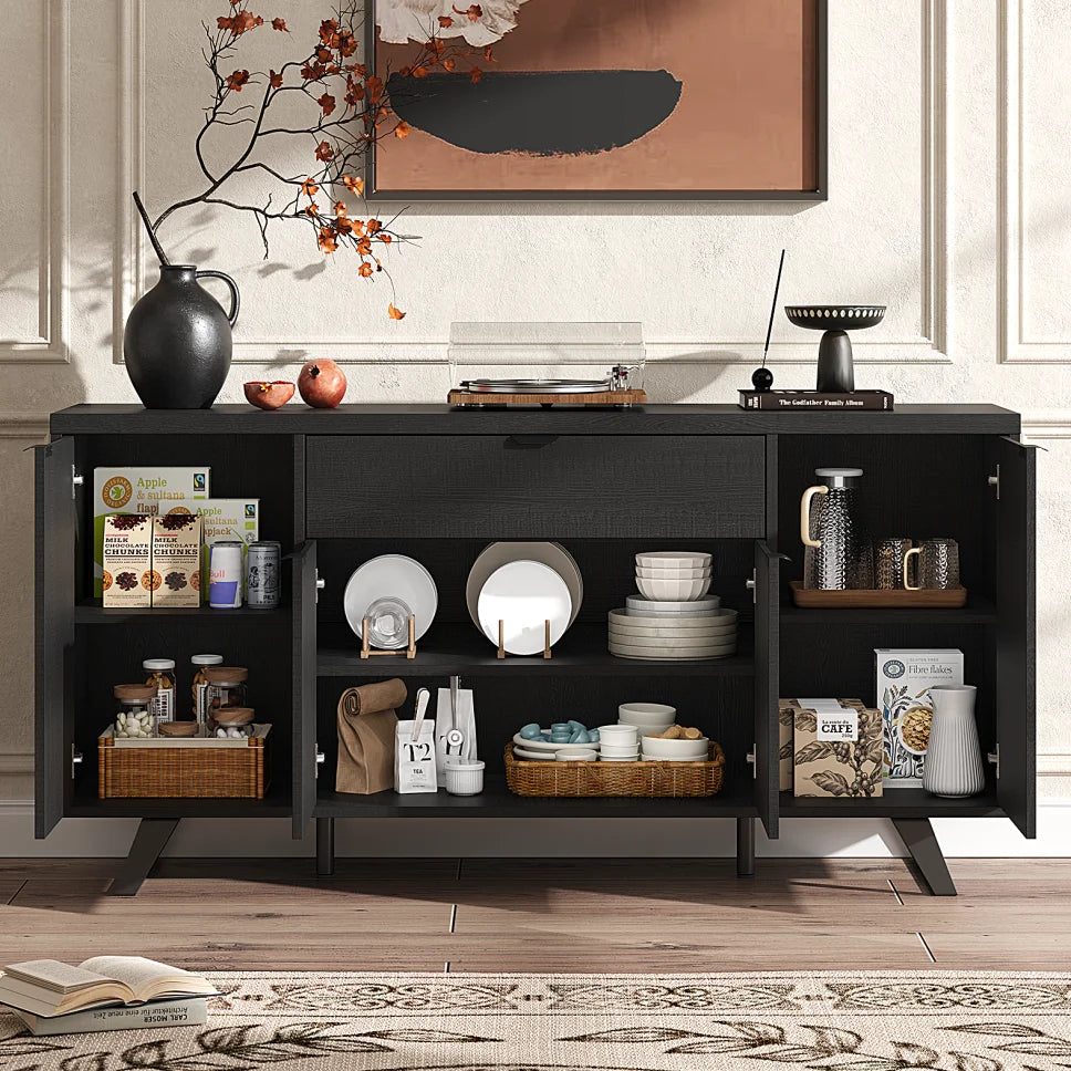 63" Sideboard Buffet Cabinet, Kitchen Buffet Storage Cabinet, Mid Century Modern Storage Cabinet with 4 Doors & Shelves, Wood Coffee Bar Console Wine Bar for Living Room, Kitchen,Hallway,Black