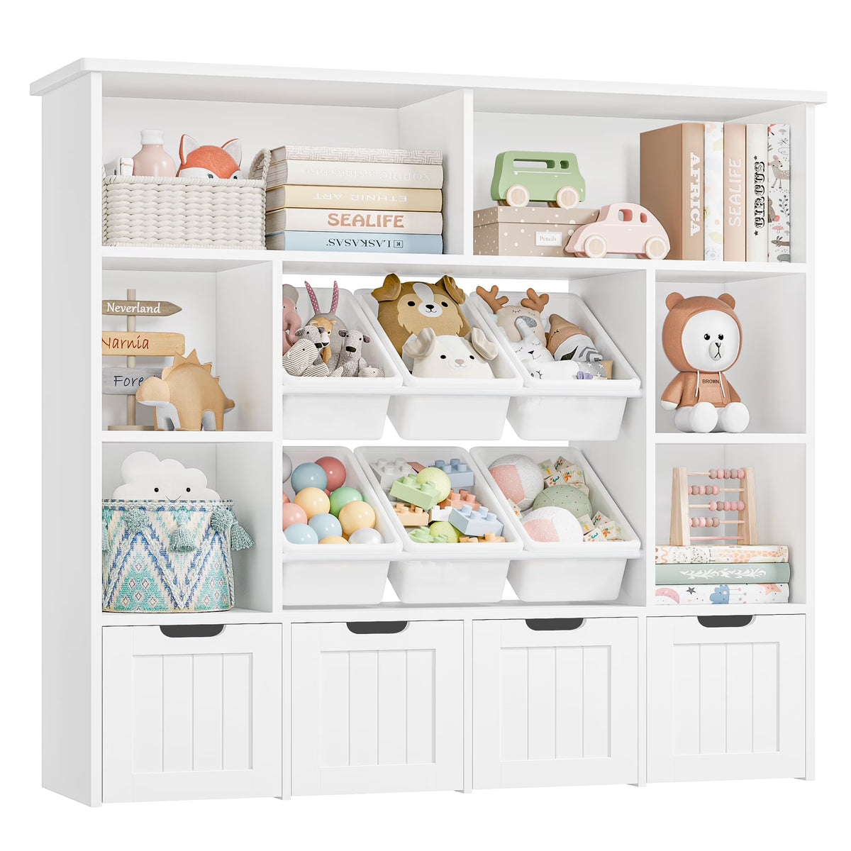 Hiphuta Large 4 Tier Kids Bookcase, Wood Toy Organizer of 6 Boxes & 4 Removable Drawers, Bookshelf for Kids Room, White