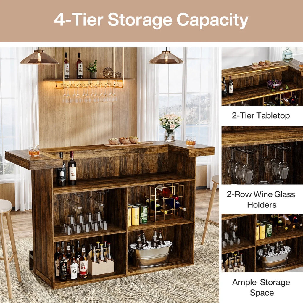 Tribesigns 4-Tier Bar Table, 70.9-Inch Large Home Bar Cabinet with Wine Glass Holder and Black Footrest, for Kitchen, Dining Room, Living Room, Pub, Rustic Brown
