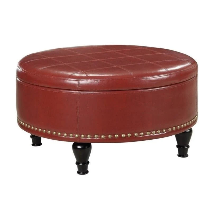 OSP Furniture Home Furnishings Augusta Round Storage Ottoman in Espresso Bonded Leather with Decorative Nailheads