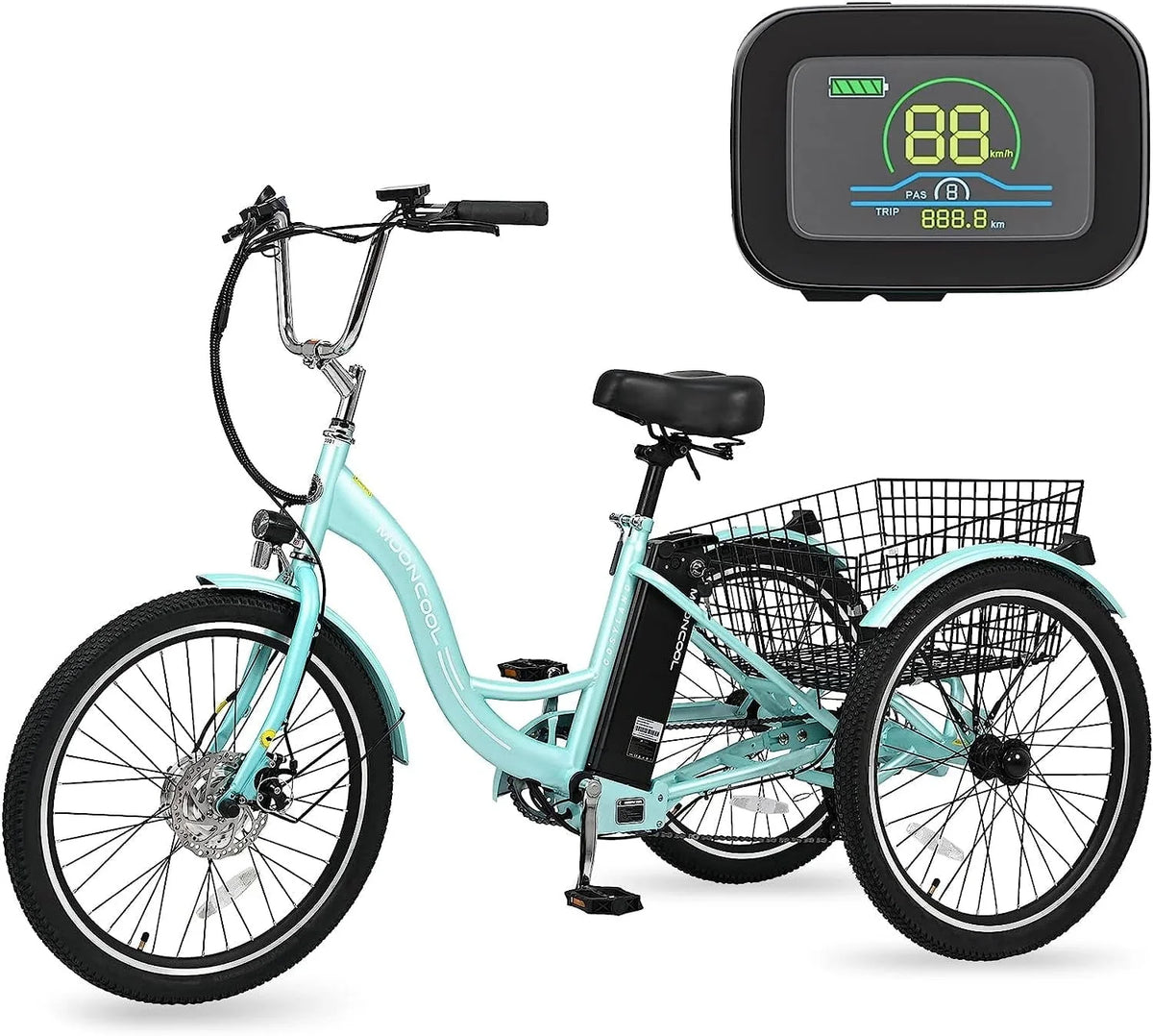 MOONCOOL 350W Motorized Electric Trike, 7 Speed 3 Wheel Electric Bicycle with 36V 10Ah Lithium Battery UL Certified, 24" Electric Tricycle for Adults with Rear Basket