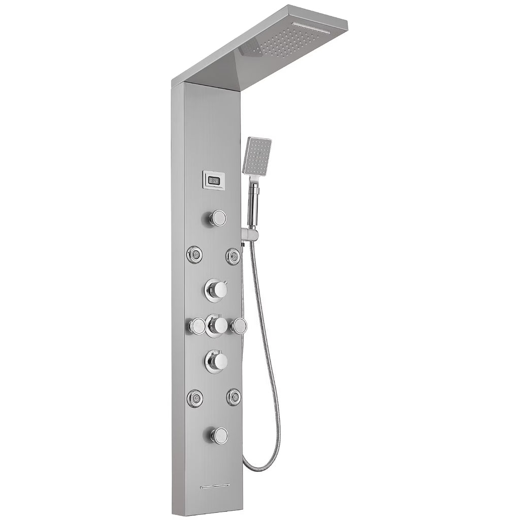 8-Jet Rainfall Shower Panel System with Rainfall Waterfall Shower Head and Shower Wand in chrome Nickel