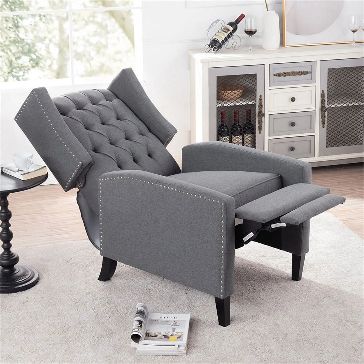 Triple Tree Modern Fabric Foam Wood Solid Print Nailhead Trim Accent Chair, Beige