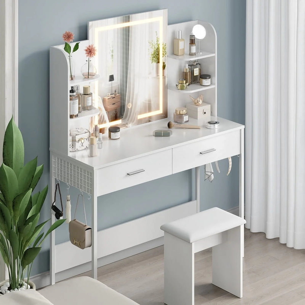 Vanity Desk with Chair, White Makeup Desk Set with Mirror & LED Lights, Vanity Table with Power Strip, 2 Drawers, 4 Shelves