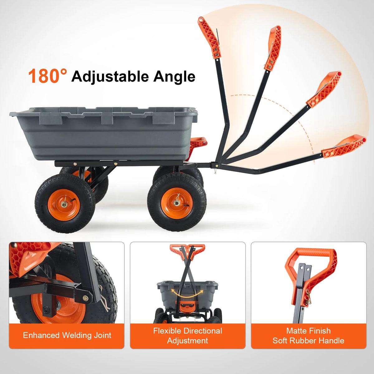 KFFKFF Garden Dump Cart, 35.8x19.5x8.2 in Dump Truck Cart, Max. 600lbs Load Capacity, 10in Rubber Tire, 180�� Adjustable Handle
