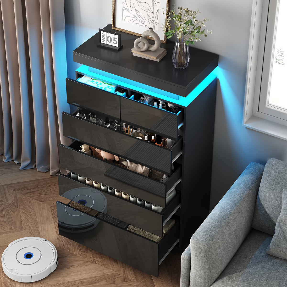 NEGYLIM 6 Drawer White Dresser, High Gloss Dresser with LED Light for Bedroom, Living Room, Hallway, Easy Assembly
