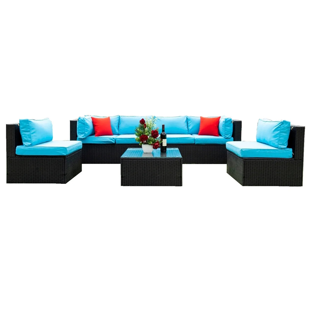 7 Piece Patio Furniture Sets Outdoor Sectional PE Rattan Outdoor Furniture Patio Conversation Set with Cushions and Glass Coffee Table, for Balcony Lawn and Garden, Gray